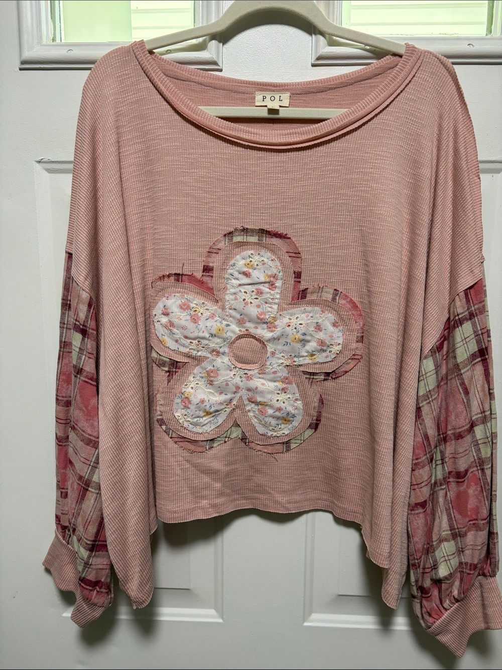 POL Pink Floral Appliqué Plaid-Sleeve Top